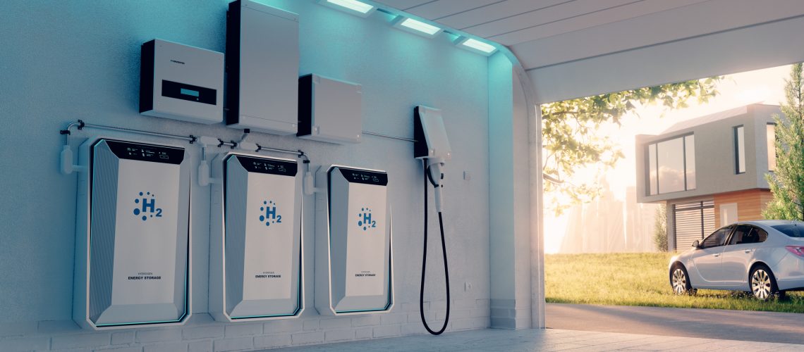 The concept of local home energy storage using hydrogen and a battery in a garage in a beautiful afternoon atmosphere with a backdrop of an electric hydrogen car, a house and a city. 3d rendering.